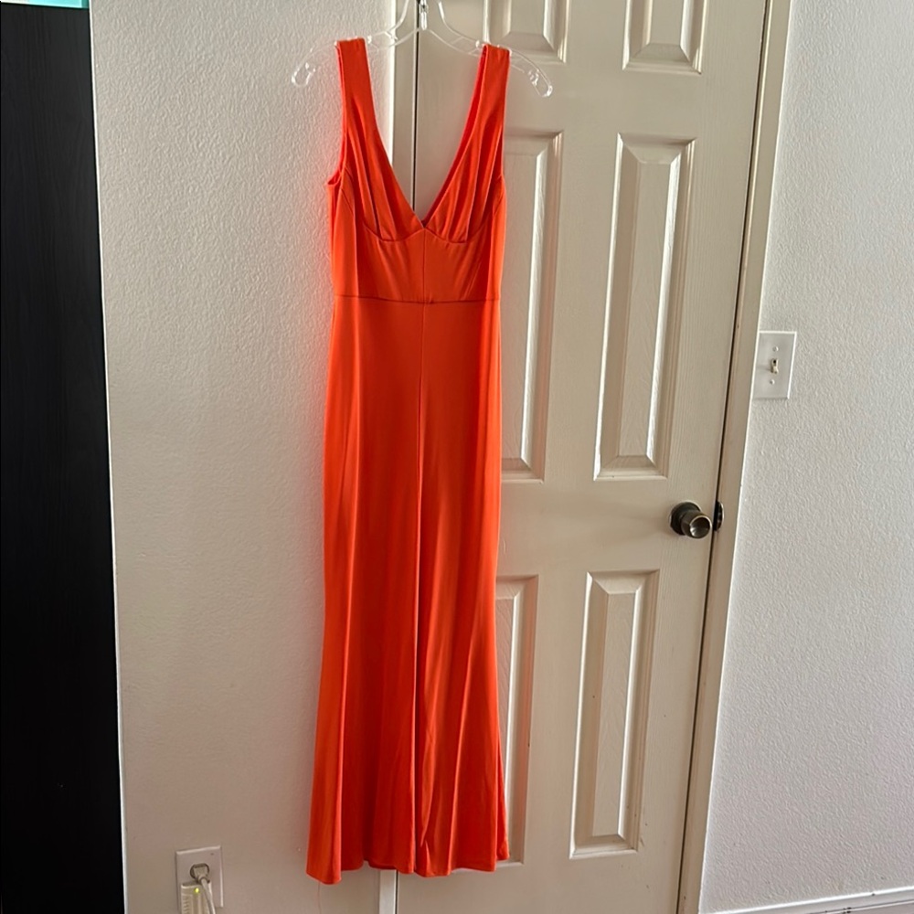 ABS Allen Schwartz Orange Sheath Maxi Dress Plunge Neckline